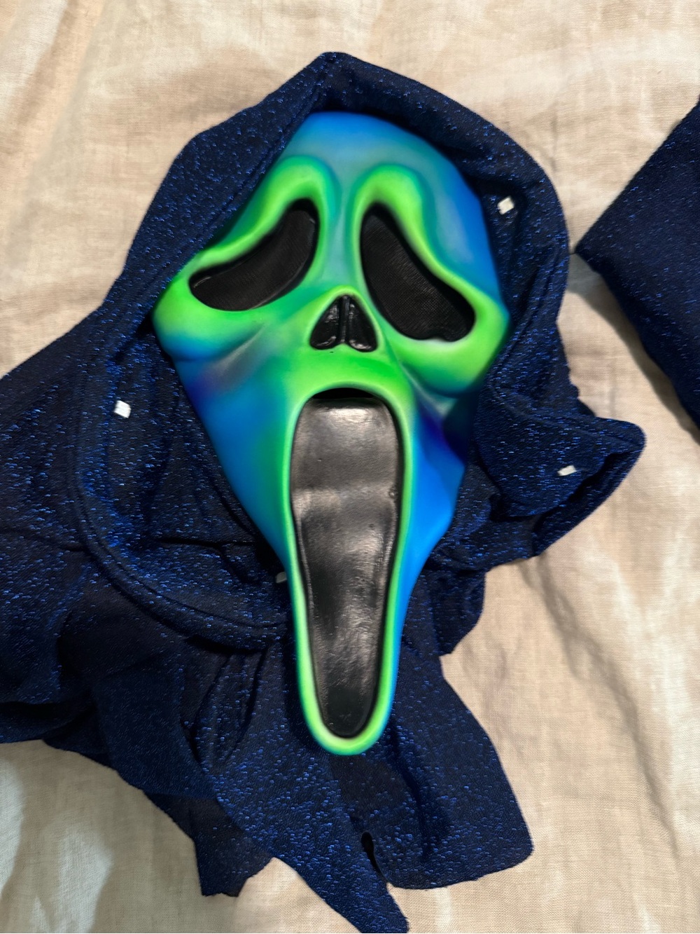 Ghost Face Adult Costume Mask in Green & Blue with Navy Hood - Picture 2 of 3